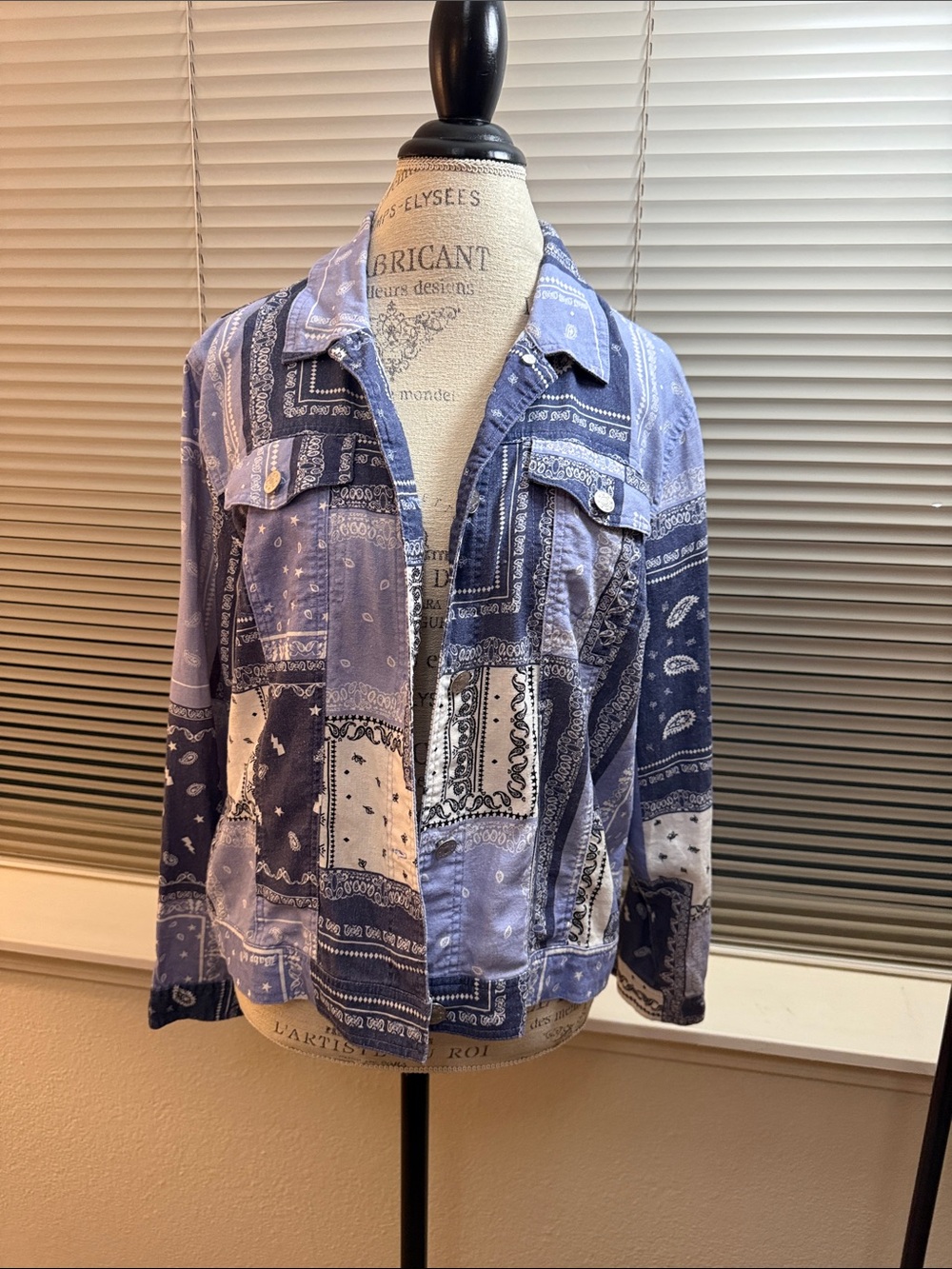 NorthStyle Patchwork Bandana Print Jean Jacket in Blue and White